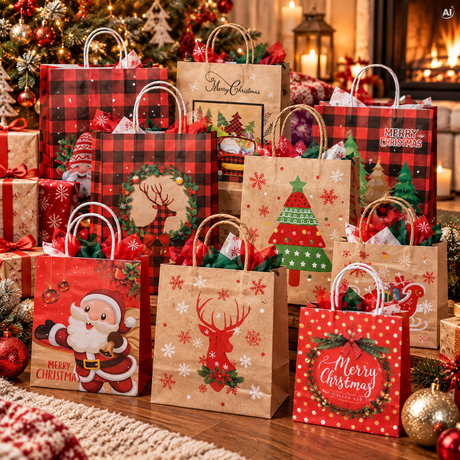 Set Weihnachts-Papiertragetaschen, 12 Stück, Karo