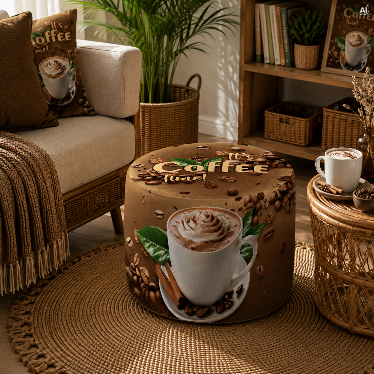 Runder Pouf-Fußhocker It's coffee time