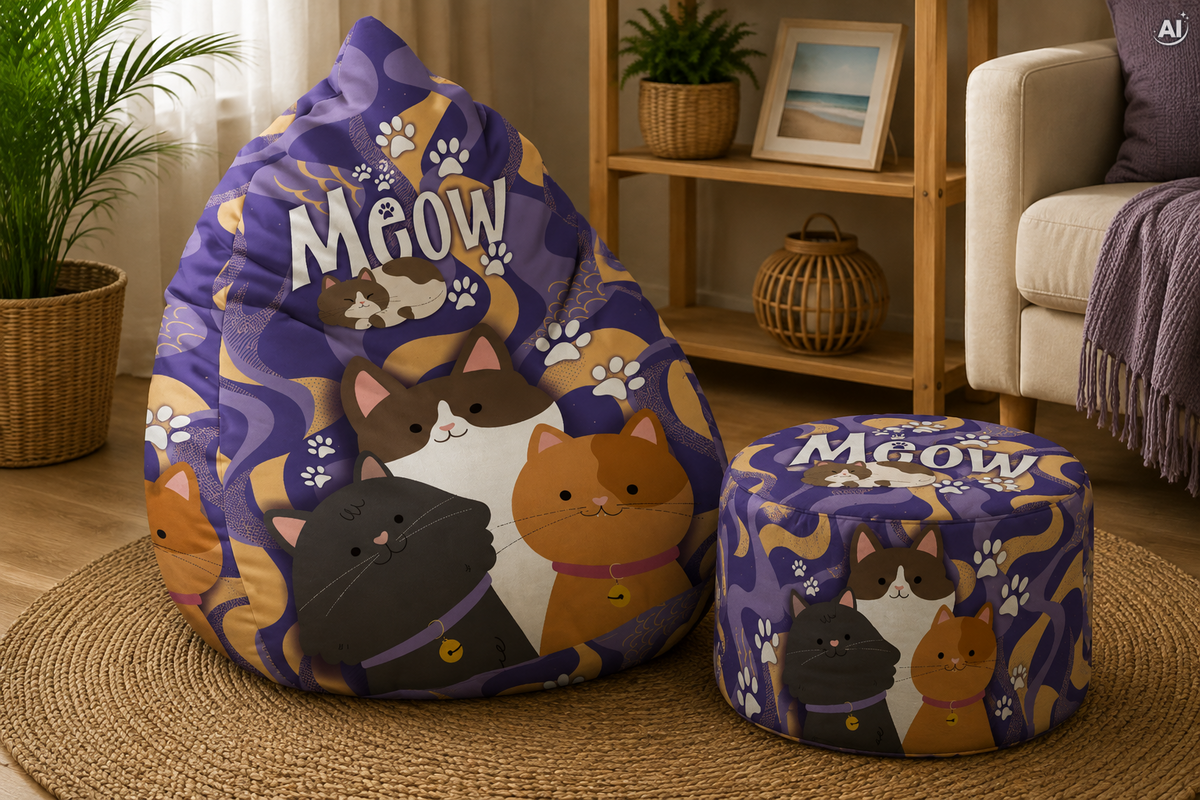 SET Sitzsack Bean bag + Fußhocker Meow