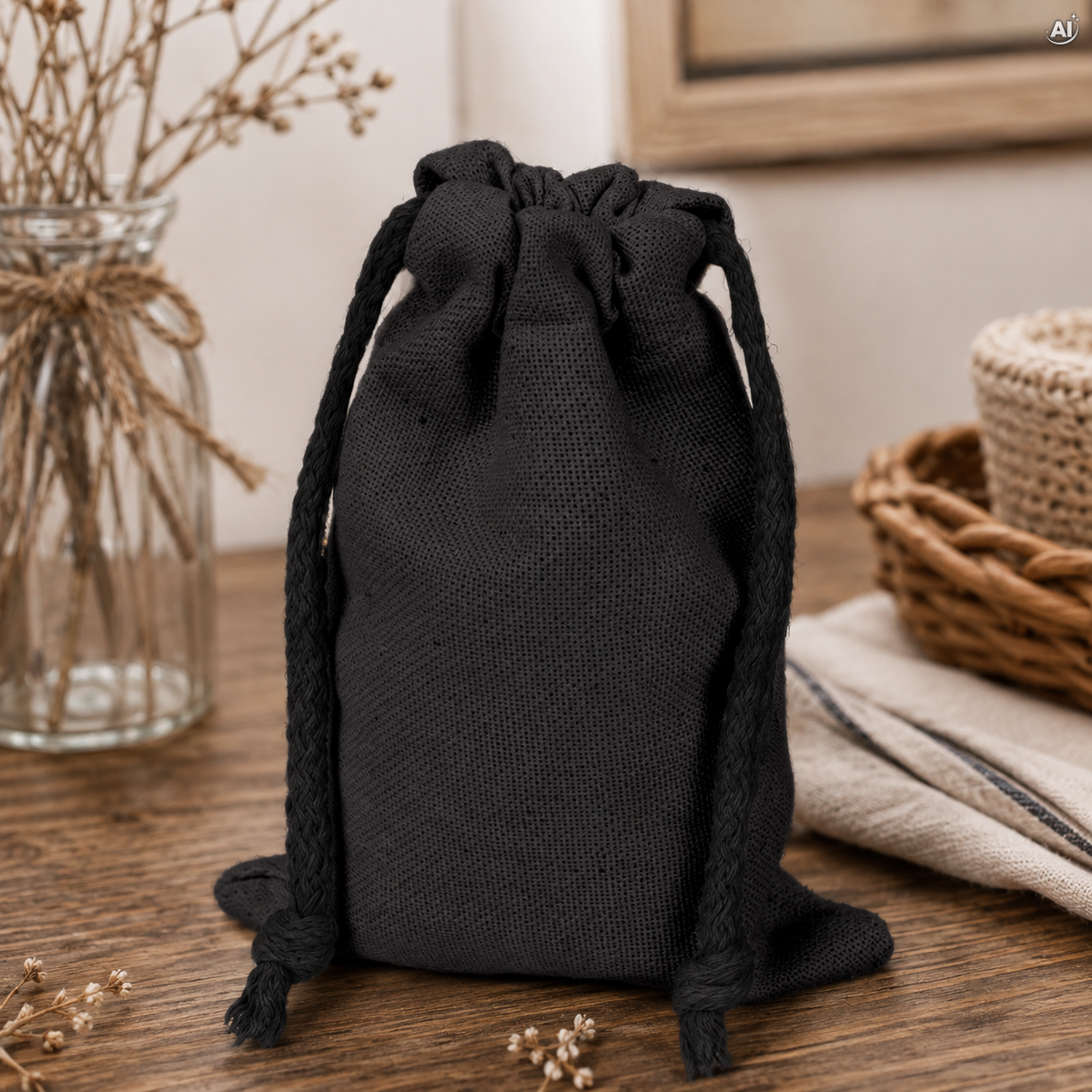 Baumwollbeutel mit Kordelzug 12 x 20 cm, 145 g/m², schwarz