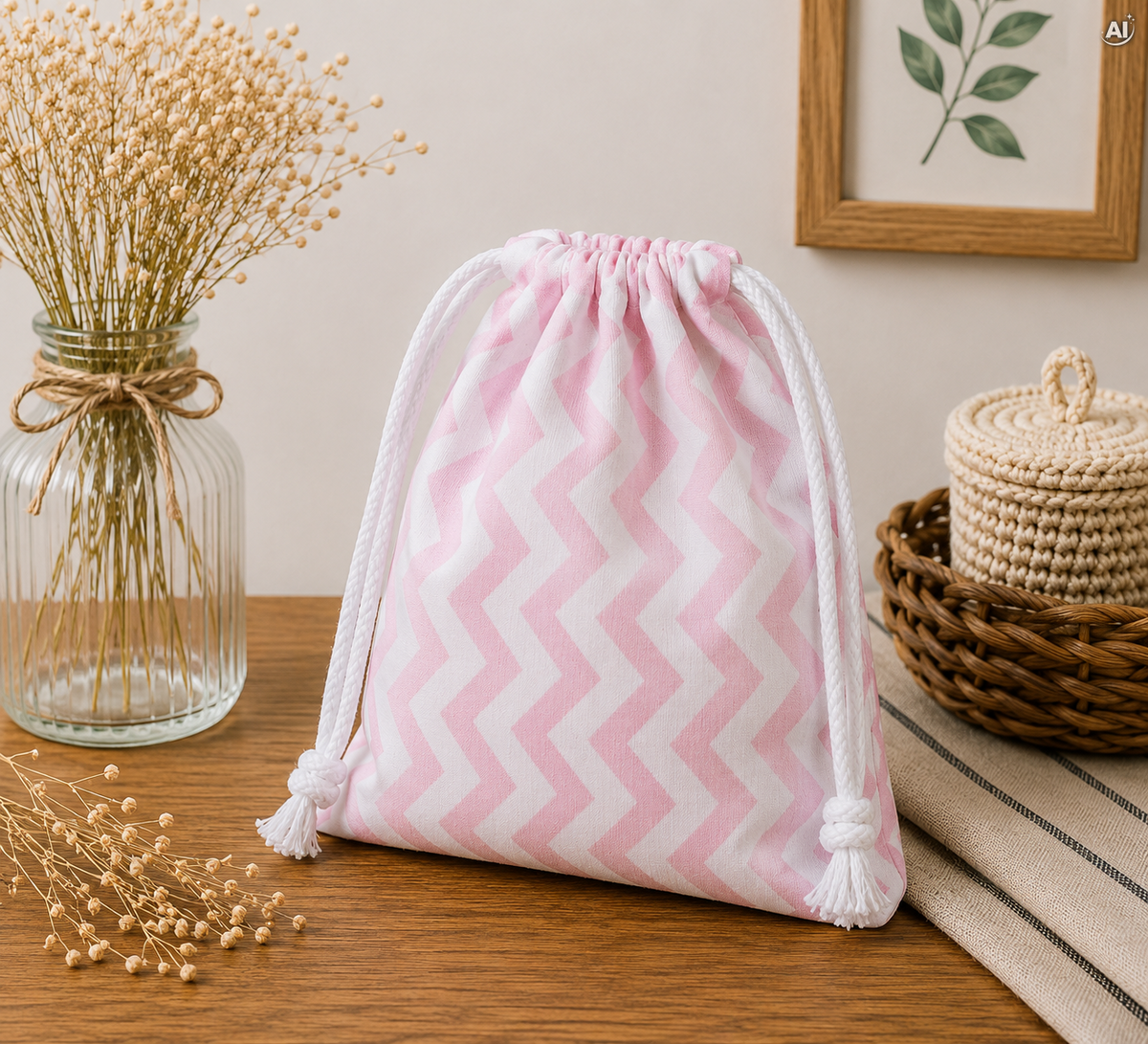 Baumwollbeutel mit Kordelzug 15 x 20 cm, Zickzackmuster in Weiß und Rosa