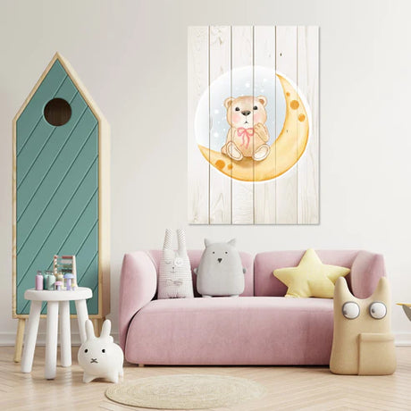 Wanddeko Holz - Cute Bear Sitting Moon Watercolor