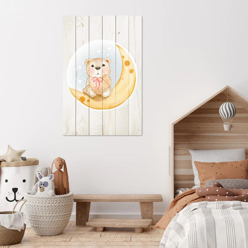 Wanddeko Holz - Cute Bear Sitting Moon Watercolor