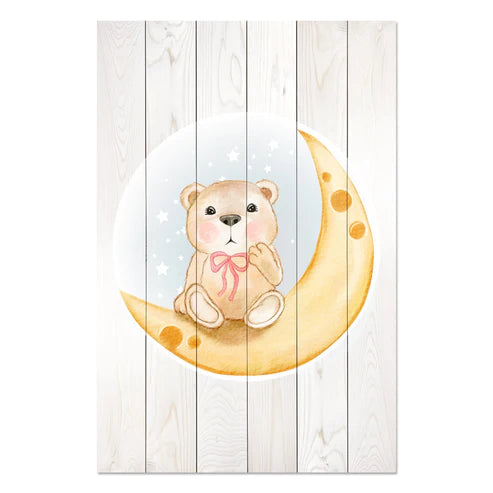 Wanddeko Holz - Cute Bear Sitting Moon Watercolor