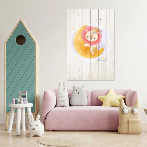 Wanddeko Holz - Cute Lion Sitting Moon