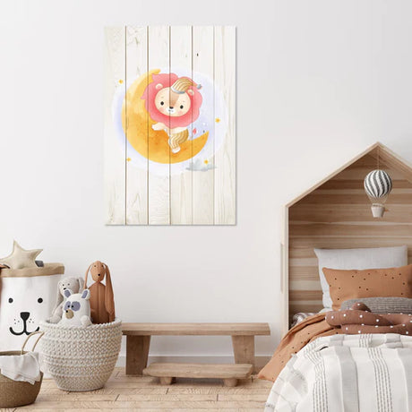 Wanddeko Holz - Cute Lion Sitting Moon