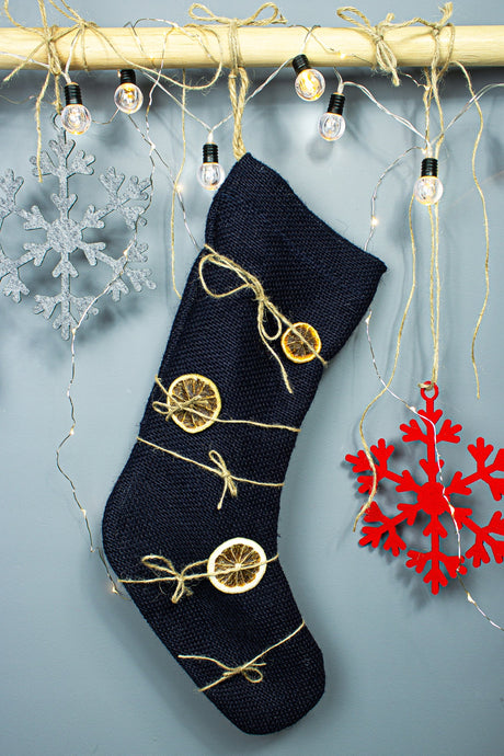 Marineblauer Weihnachtsstrumpf aus Jute, 45 x 27 cm