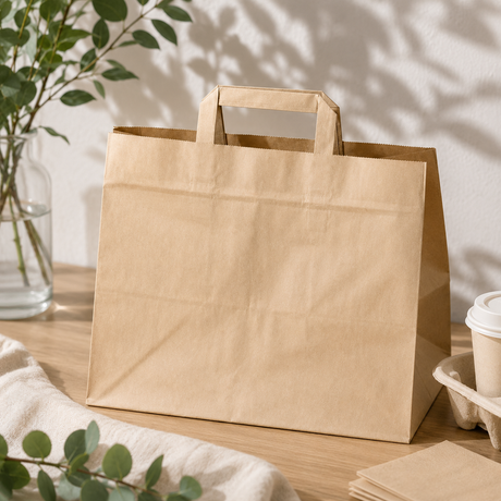 Papiertragetasche mit Flachhenkel 32+22x24,5 cm, 70 g/m², braun