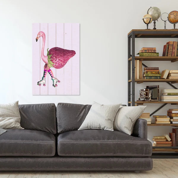 Wanddeko Holz -Pink Flamingo with Strawberry