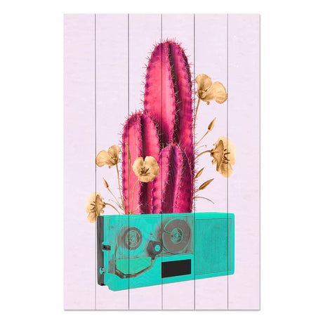 Wanddeko Holz - Retro Pink Cactus on Radio
