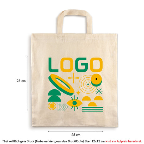 Bedruckte Baumwolltasche mit kurzen Henkeln: Vollflächiger Druck über 12 × 12 cm gegen Aufpreis [mat:mat-tasche-35:extra:apla]