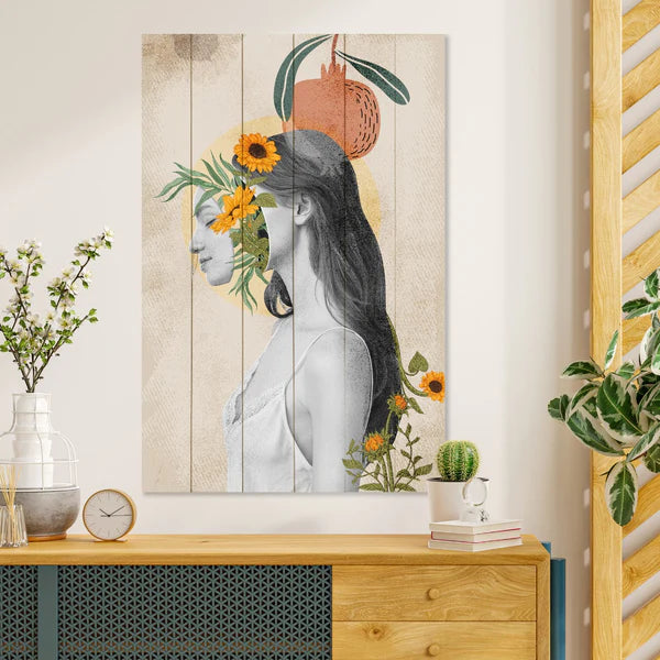 Wanddeko Holz - Woman with Head in Flowers