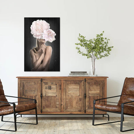 Wanddeko Holz - Woman with Pink Peonies