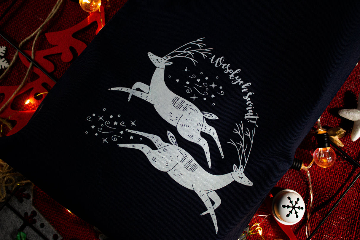 Weihnachts-Baumwolltasche 190x370mm Marineblau mit Rentier-Print