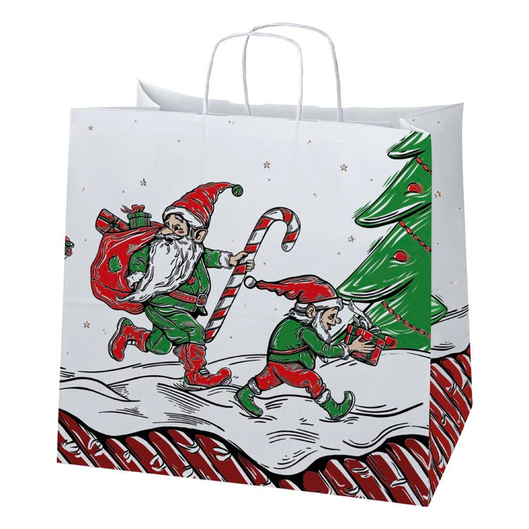 Weihnachtspapiertüte 400x180x390 mm Weihnachtsmann und Elf