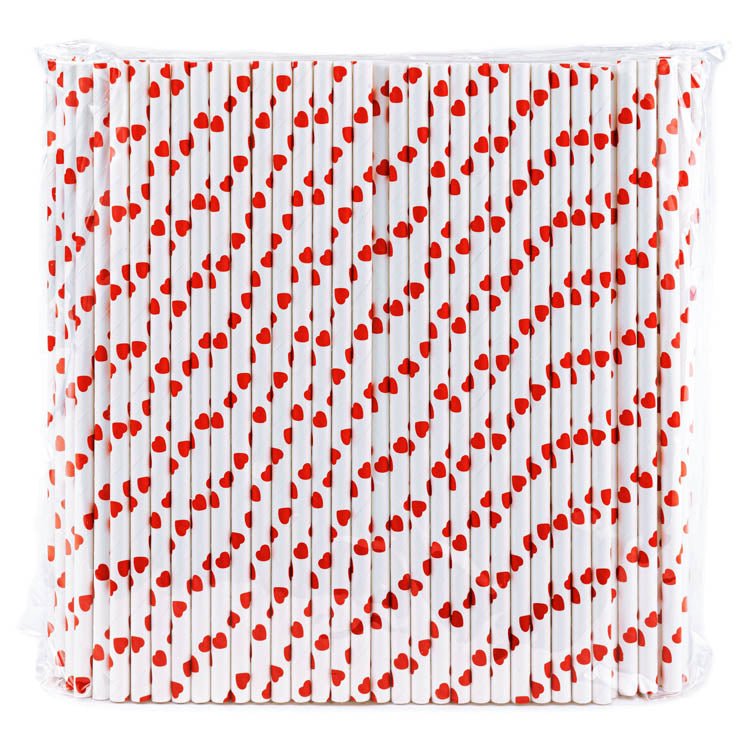 Papierstrohhalme Weiß-rote Herzen 250 Stück